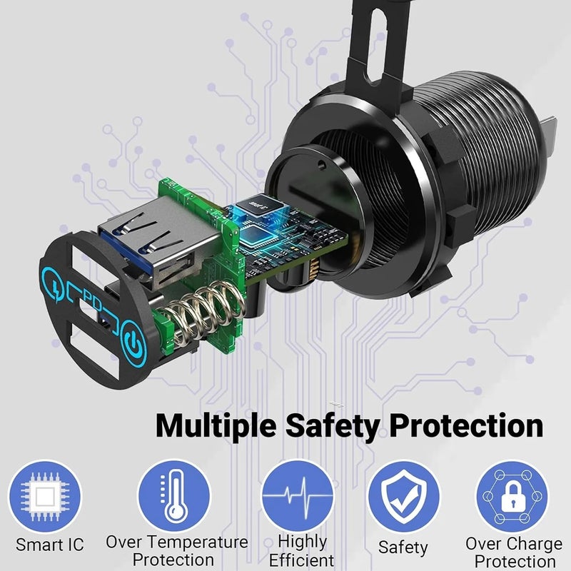 Bluejw 60W USB C Car Charger, Universal 12V/24V Automobile Adapter with PD3.0 & QC3.0, Triple USB Metal Touch Design Car Charger Socket - Image 5